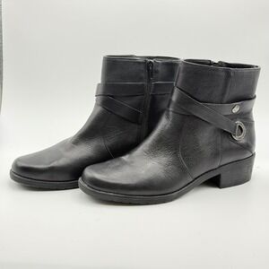 Anne Klein  Black Leather Ankle Boots Womens 8M Low Block Heel Zip Bootie